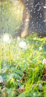 Nature wallpaper with rain on green grass and dandelions.