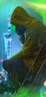 Hooded figure in neon cityscape under rain with green glow.