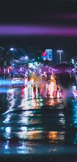 Neon-lit rainy street at night with reflections on wet pavement.