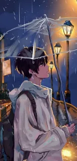 Anime character under umbrella on rainy night street with lamps.