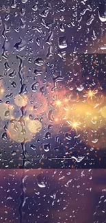 Glowing bokeh lights on rainy glass background