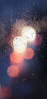 Bokeh wallpaper with raindrops on a window and soft colorful lights at night.