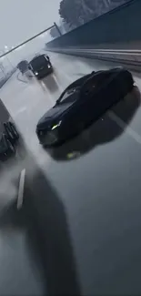 Car drifting on wet highway at night, captured in dynamic motion.