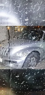 Silver car view through rain-soaked window at night.