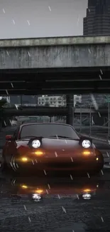 Red sports car in the rain under a bridge with city lights.