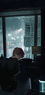 Anime character in room with rainy cityscape view.