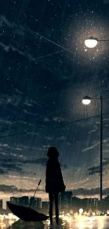 Silhouette with umbrella under streetlights on a rainy city night.