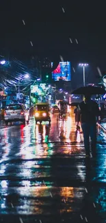 Mobile wallpaper of a rainy city street with neon reflections.