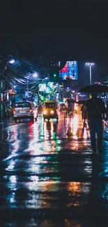 Rainy city street at night with vibrant lights reflecting.