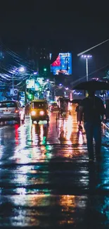 City street at night with rain and neon lights, reflecting vibrant colors.