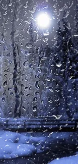 Rainy night forest wallpaper with raindrops on a window.