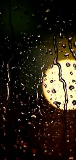 Raindrops on a window with glowing light in the background creating a moody ambiance.