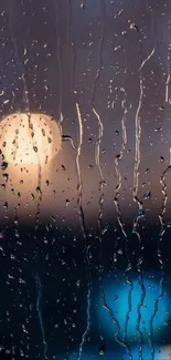 Raindrops on glass with a blurred city background, capturing a rainy night.