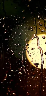 Water droplets on window with warm light background.