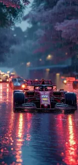 Racing car driving through rainy city streets with neon reflections.