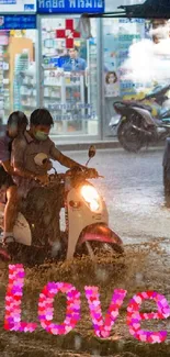 Couple on scooter amidst city rain with pink 'Love' sign glowing.