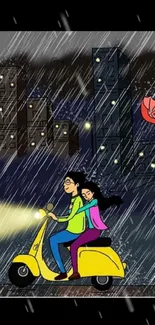 Illustration of a couple riding a scooter at night through a rainy city street.