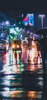 Street on rainy night with reflections from city lights.