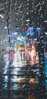 Rainy city street at night with neon lights and reflections on wet pavement.