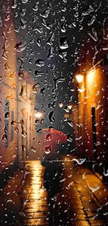 Wallpaper of a rainy urban street with glowing streetlights.