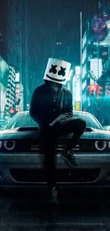 Masked figure in a rainy city street, leaning on a sleek car.