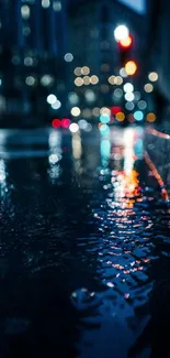 Rainy city street with vibrant bokeh lights.