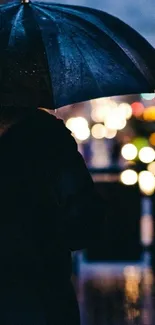 Rainy city night with bokeh lights reflecting on wet street.