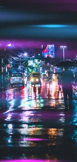 Rainy urban street with reflections at night, showcasing vibrant city lights.