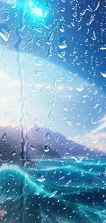 Rain on ocean waves with distant mountains under a bright blue sky.