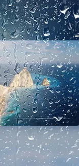 Mobile wallpaper featuring an ocean view through raindrops for a serene effect.