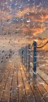 Mobile wallpaper of a rainy pier at sunset with reflections.