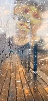 Rain on pier with blurred reflections and warm tones.