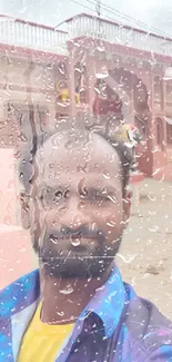 Mobile wallpaper featuring a portrait view with rain-drenched glass effect.