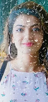 Portrait behind rain-speckled glass for mobile wallpaper.