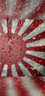 Red and white sunburst wallpaper with raindrops.