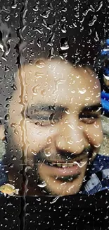 Mobile wallpaper of a smiling face with rain effect overlay.