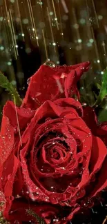 Red rose with raindrops on petals in a mobile wallpaper background.