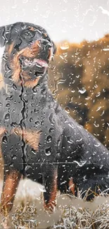 Majestic Rottweiler in rain with a nature background