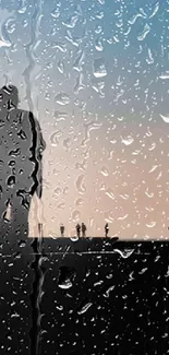 Silhouette figures under rain on artistic wallpaper.