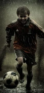 Child playing soccer in the rain with a muddy splash.