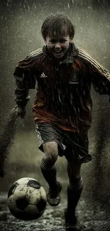 Child playing soccer energetically in rain