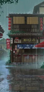 Anime street under rain with Japanese architecture.