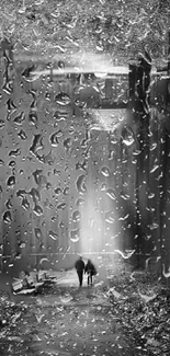 Black and white rainy street scene with raindrops on glass and silhouettes walking.