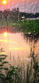 Raindrops on a window with a sunset view over a serene lake.