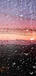 Rain-soaked glass with sunset view in purple and pink hues.