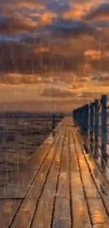 Rain-soaked pier under vibrant sunset sky.