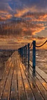 Pier at sunset with rain on ocean.