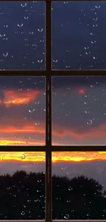 Mobile wallpaper of a sunset view through a rain-specked window.