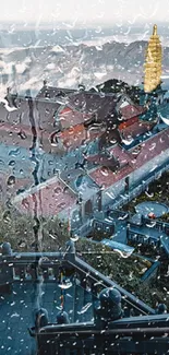 Rainy temple view through glass with cityscape in background.