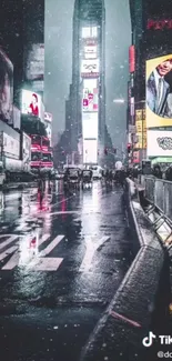 Times Square at night with rain and neon lights reflecting on the wet street.